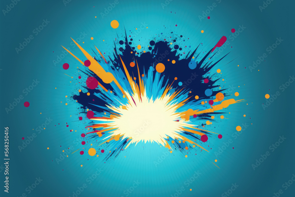 Poster a blue background with an abstract burst of colourful particles. generative ai
