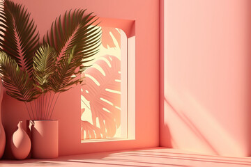 Background for a product presentation using an abstract pink color gradient in a studio. Vacant room with flowers, palm leaves, and the shadows of the windows. space for copies. Summertime concert. bl