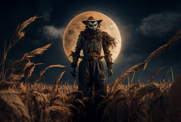 portrait of the scarecrow witch approaching by a full moon, generative ai - obrazy, fototapety, plakaty