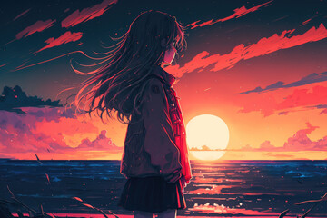 a young woman in love scanning the horizon. Manga style paintings, drawings, and anime. Red sunrise and sunset romantically depressing and lofi. stunning sceneries 4K somber background. moon, stars, a
