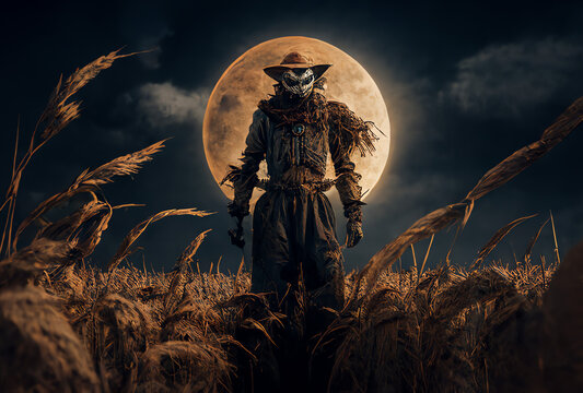 portrait of the scarecrow witch approaching by a full moon, generative ai