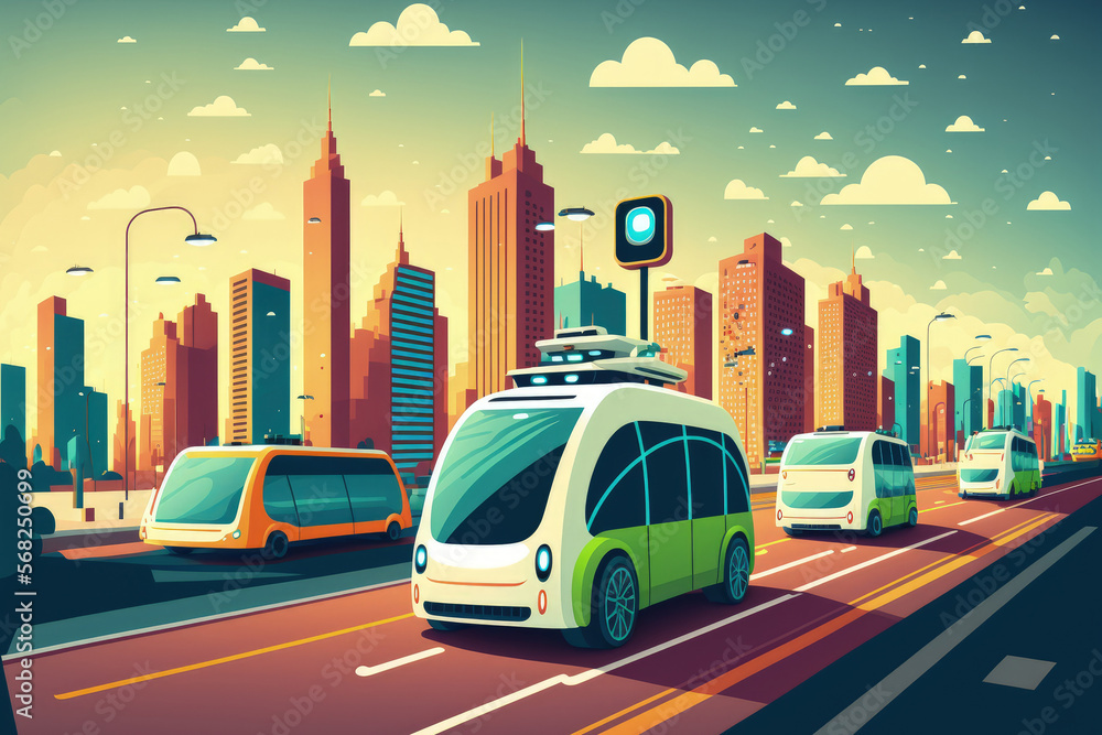 Poster smart vehicles traveling through cities with autonomous sensors and wifi connections. generative ai