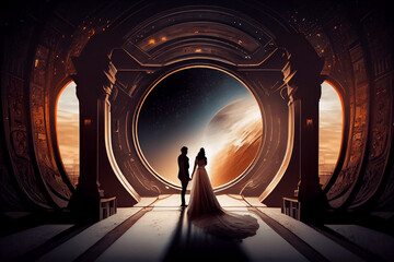 silhouette of a Space cathedral Wedding bride and groom in love