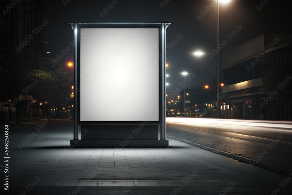 Poster advertising mockup in an urban environment, public information board with automobiles lights in the 