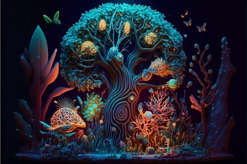 A collection osf psychedelic fantasy colorful landscapes created using AI Tools portrays emotions and magic of nature
