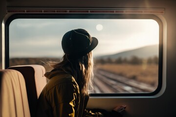 Woman on a train looking through the window, travel concept, chasing her dreams, generative AI - obrazy, fototapety, plakaty