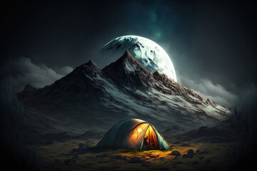 In the highlands, tent camping Lunar night. Generative AI