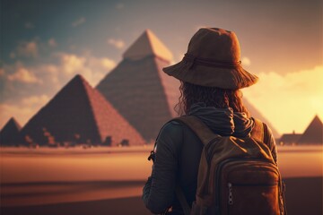 woman tourist in Giza pyramids, Cairo Egypt, Generative AI