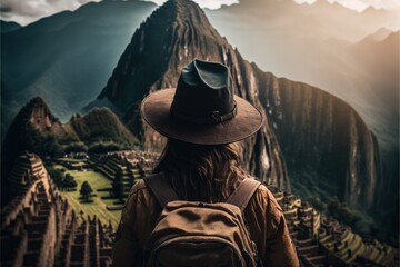 Woman tourist in Machu Picchu, vacations on Peru, Generative AI