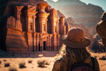 Fototapeta na wymiar Woman hicking in Petra, Jordan, ancient city, Generative AI