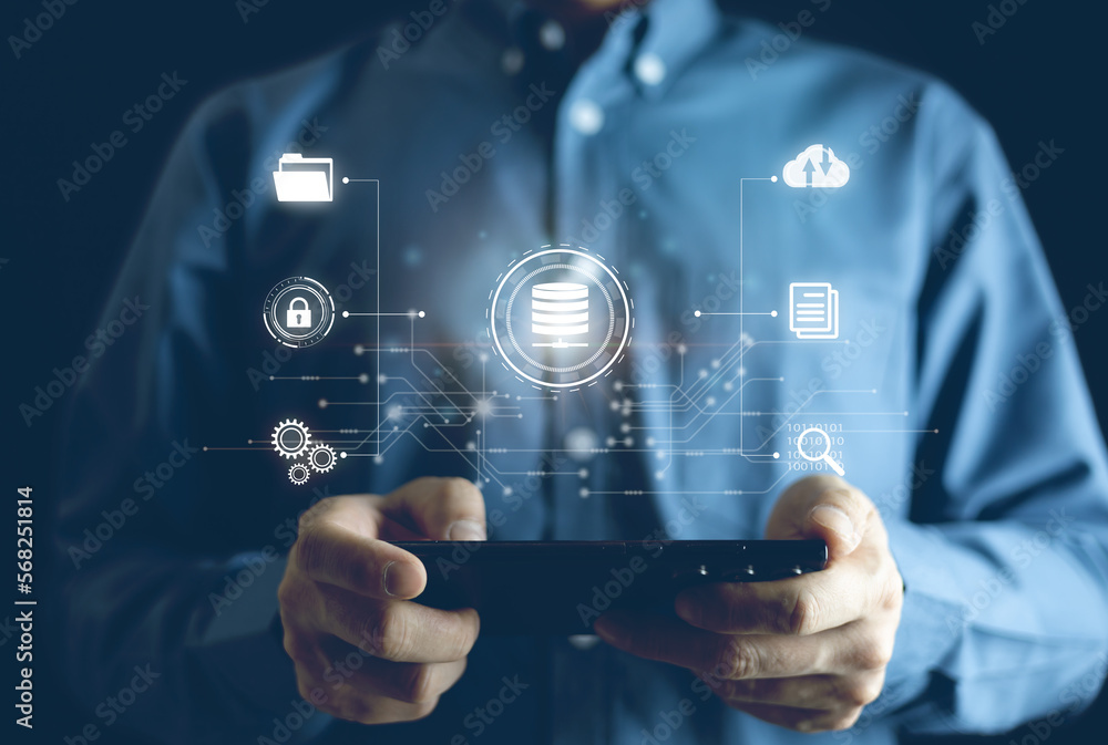 Poster document managemet on cloud server business man use smart phone management documenton cloud