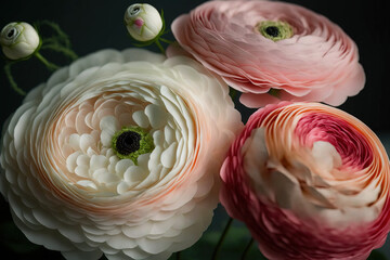 Obraz premium Pink ranunculus blooms a close up scene. Generative AI