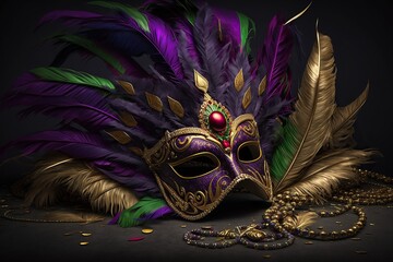 Celebrate the vibrant spirit of mardi gras mask, Venetian carnival mask , beads decoration, feathers decor background, colorful and festive background, Generative AI
