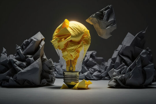 Inspirational idea metaphor of crumpled paper light bulb. Generative AI