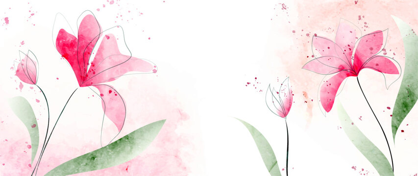 Abstract vector art background with pink flowers in a watercolor style. Botanical minimalist banner for decor, print, textile, wallpaper, interior design.