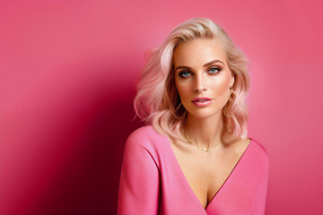 Portrait of a young blonde beautiful model, dressed in pink, with makeup, on viva magenta background in studio, generative ai, Pantone color of the year 2023