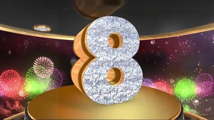 8th birthday animation in gold and diamonds with fireworks background, 
Animated 8 years Birthday Wishes in 4K