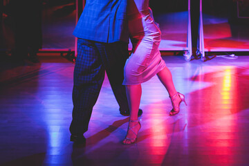 Obraz premium Couples dancing traditional latin argentinian dance milonga in the ballroom on a festival, tango studio, salsa, bachata and kizomba lesson in the red and purple lights, rehearsal in the dance class