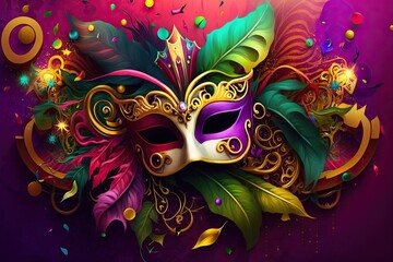 abstract colourfull mardi gras mask, beads and feathers decor background,,Generative AI - obrazy, fototapety, plakaty