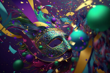 Abstract background with brazilian carnival pary theme, confetti, streamers glitter, Generative AI - obrazy, fototapety, plakaty