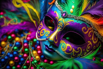 abstract colourfull mardi gras mask, beads and feathers decor background,,Generative AI