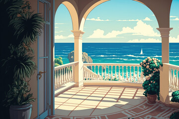 View of the summertime sea from the terrace. Generative AI