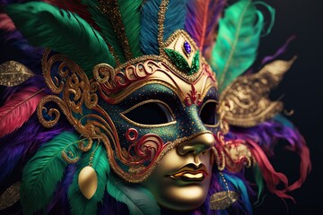 Holidays image of mardi gras masquarade, venetian mask and fan over purple background. view from above