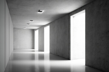 Fototapeta premium Industrial interior background abstract vacant, modern concrete walls hallway room with indirect ceiling lights,. Generative AI