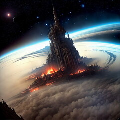 apocalypse on the planet, view from orbit, fantasy, generated in AI