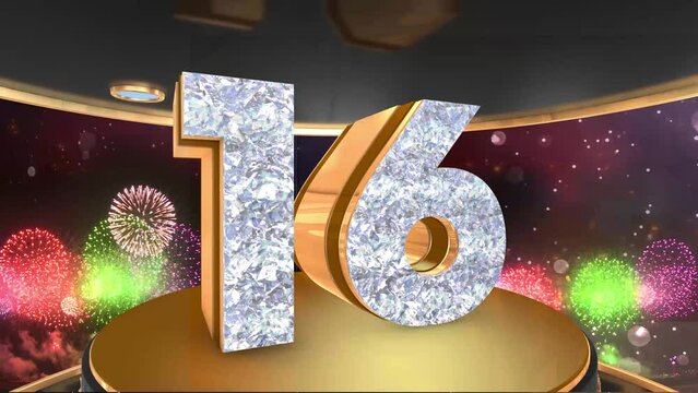 16th birthday animation in gold and diamonds with fireworks background, 
Animated 16 years Birthday Wishes in 4K