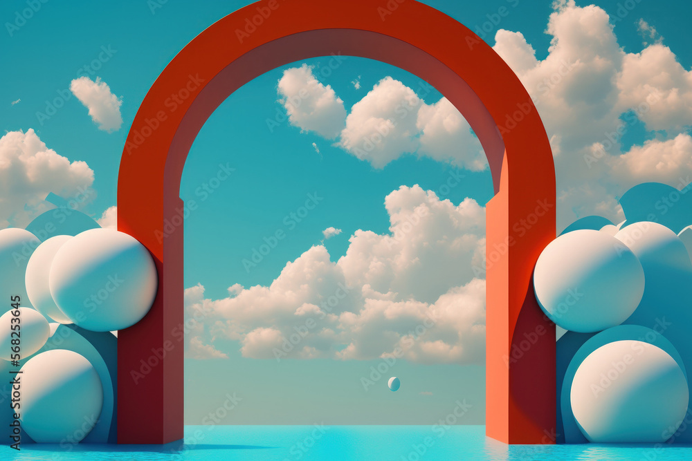 Poster bizarre seascape with white clouds under a blue sky and red arches. a contemporary minimalist abstra