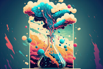 The theme is chemistry and pharmacy. Glass test flask filled with fluid in a lab. background in science and medicine. Lab test tubes on a background of abstract explosion clouds. selective attention