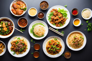 Fototapeta na wymiar chinese food, chinese traditional cuisine dishes on dark background, top view,