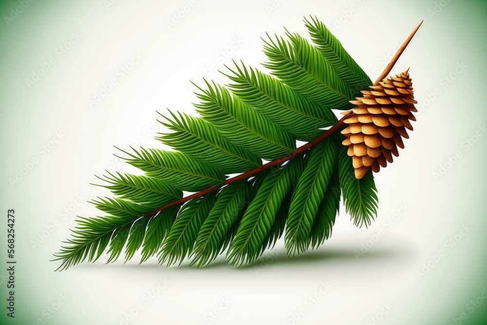 Poster closeup of a fir tree branch with a cone against a white background. generative ai