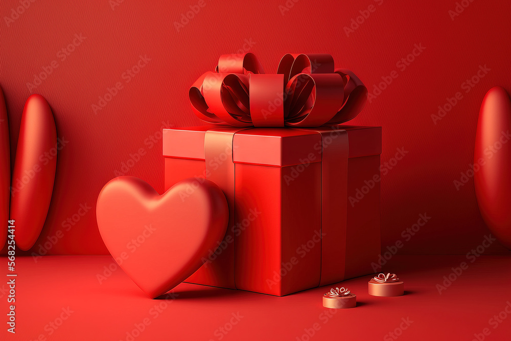 Poster simple valentine's day product background red background with a red heart and a gift box with a ribb
