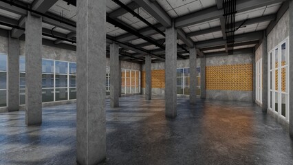 Building column construction with floor reflection finished cement background. 3d renderings