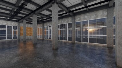 Building column construction with floor reflection finished cement background. 3d renderings