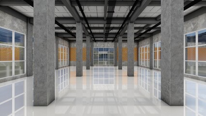 Building column construction with floor reflection finished cement background. 3d renderings