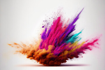 background with abstract powder splatters eruption of colored powder against a white background. cloud with color. Bright dust explodes. Color Holi. Generative AI