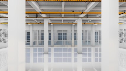 Interior of building columns and electrical network with white wall. 3d renderings