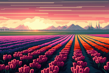 Dutch tulip fields at sunrise in a picturesque landscape (relaxation, meditation, stress management concept). Generative AI