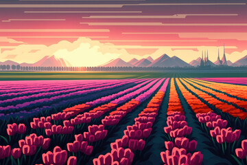 Fototapeta premium Dutch tulip fields at sunrise in a picturesque landscape (relaxation, meditation, stress management concept). Generative AI