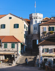 Herceg Novi town, Kotor bay, streets of Herzeg Novi, Montenegro, with old town scenery, church, Forte Mare fortress, Adriatic sea coast in a sunny day