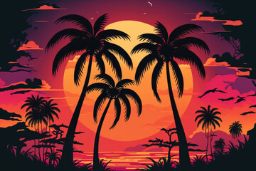 Fototapeta na wymiar Coconut palm trees in front of a vibrant sunset. Generative AI
