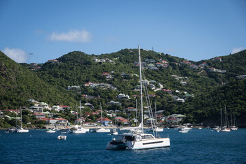 Boats at anchor in the port of Gustavia, capital of St Barth (Saint Barthelemy) - obrazy, fototapety, plakaty