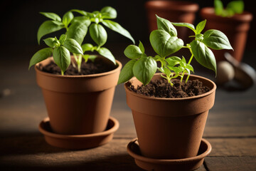 Basil seedlings in peat terra cotta pots. Brown wooden table, small basil plant in biodegradable pot. Generative AI