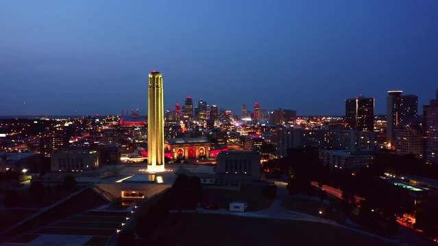 Aerial view of Kansas City skyline at dusk, viewed from above Penn Valley Park. Kansas City is the largest city in Missouri.