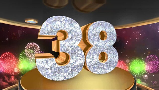 38th birthday animation in gold and diamonds with fireworks background, 
Animated 38 years Birthday Wishes in 4K