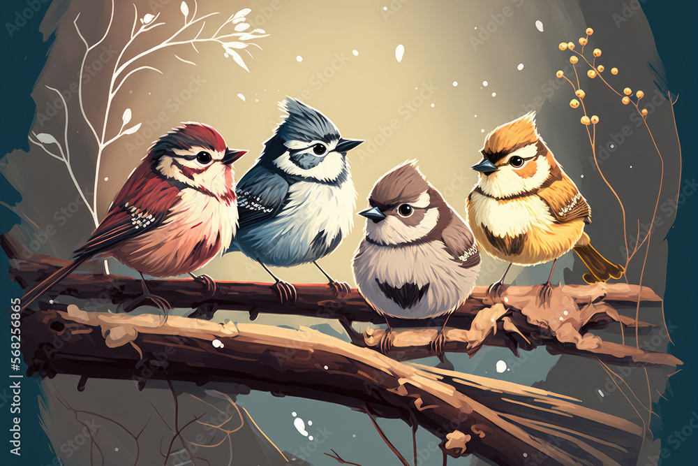 Canvas Prints Five adorable small birds Hunched over sparrows perched on a branch in a winter garden. Generative AI