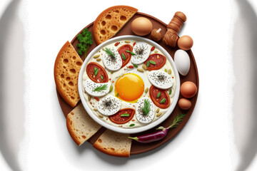 Fototapeta na wymiar Top view of eggs and sausage on a white surface with a Turkish bagel, an olive, and toast. Generative AI